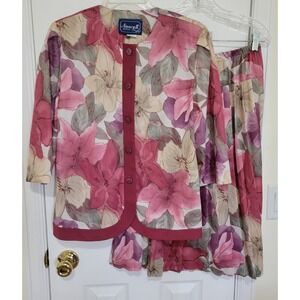 Nancy II Petite Vintage Skirt Set Pink Floral Button Top Pleated Skirt 10P USA